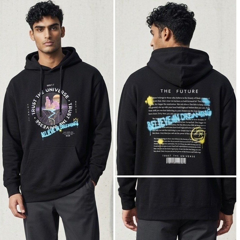 Black Men's Graphic Hoodie "TRUST THE UNIVERSE" Streetwear Pullover Size‎ M